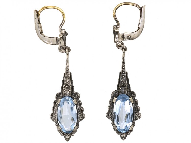 Art Deco Silver Drop Blue Paste Earrings