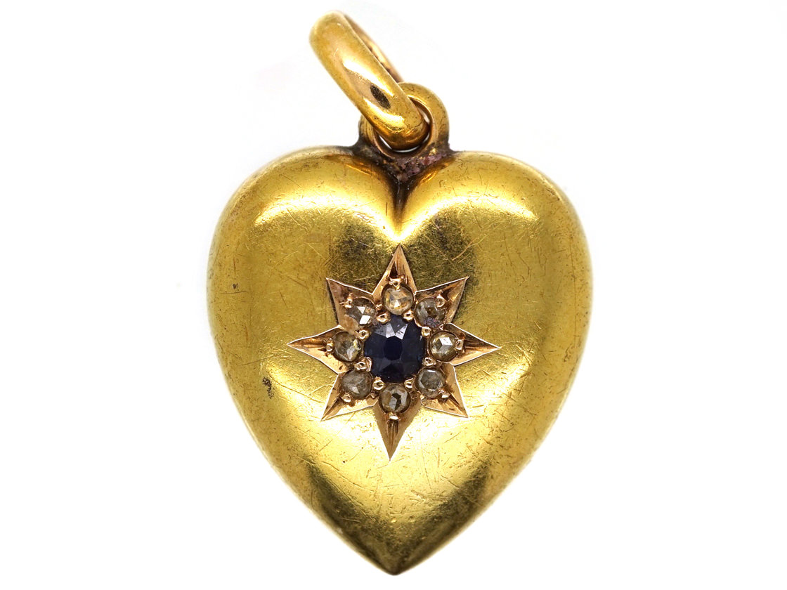 Edwardian 15ct Gold Sapphire & Diamond Heart Shaped Pendant (591H ...