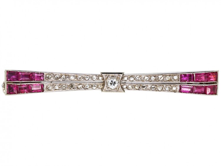 French 18ct White Gold Art Deco Ruby ​& Diamond Stylised Bow Brooch