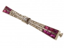 French 18ct White Gold Art Deco Ruby ​& Diamond Stylised Bow Brooch