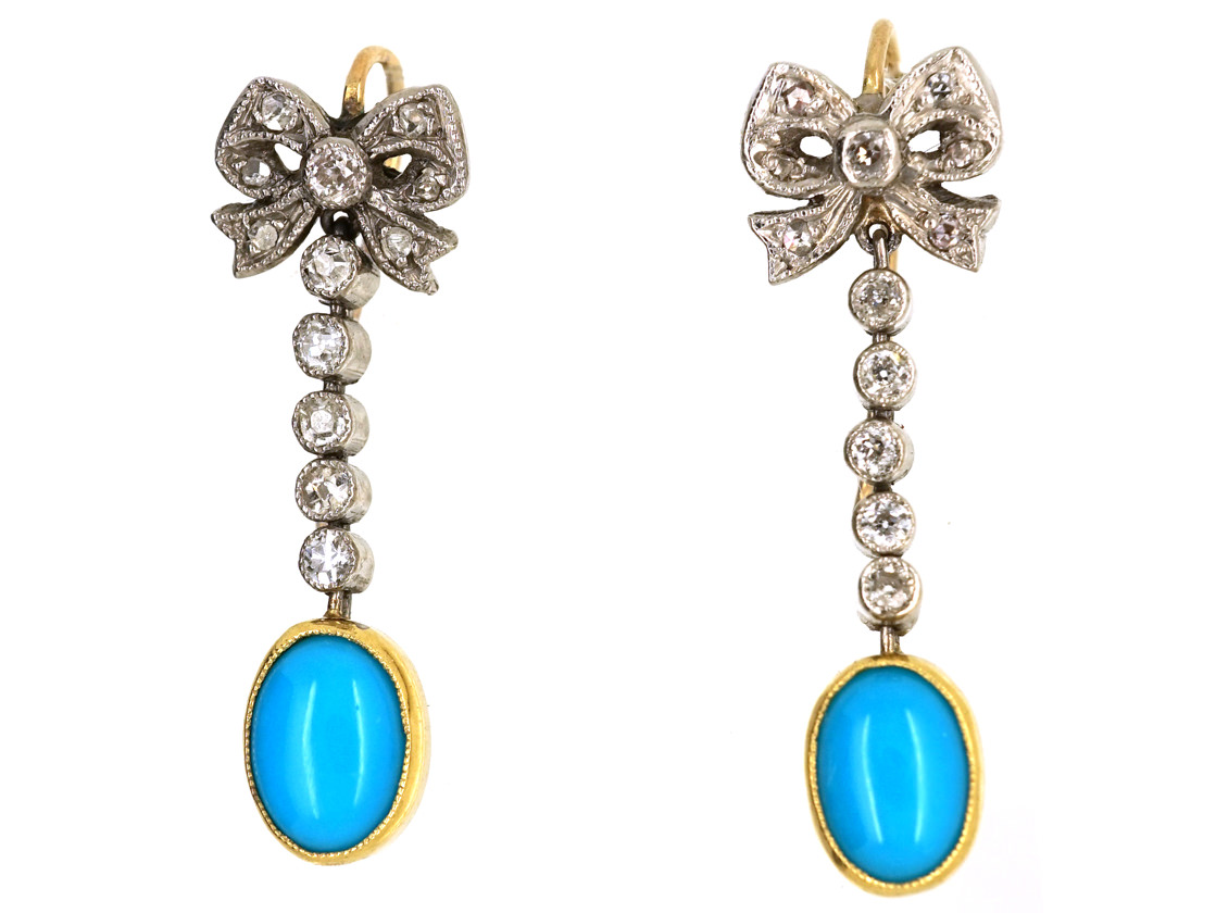 Edwardian Turquoise & Diamond Drop Earrings With Bow Tops (585H) | The ...