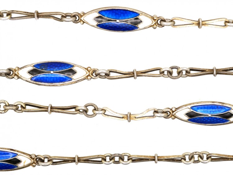Art Deco Silver, Blue ​& White Enamel Long Chain