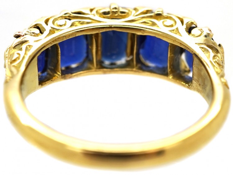 Victorian 18ct Gold, Carved Half Hoop Five Stone Burma Sapphire Ring