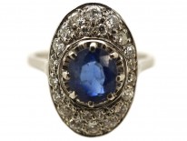French Art Deco Platinum Oval Sapphire​ & Diamond Ring