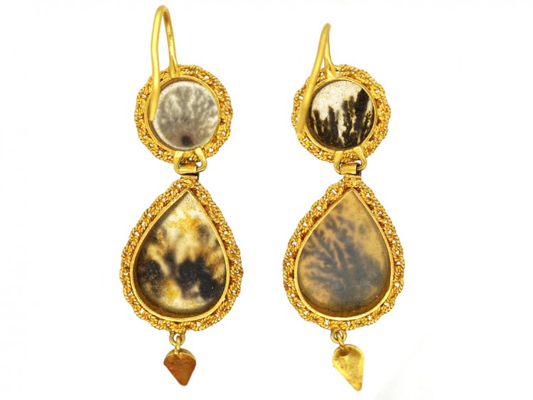 Georgian 18ct Gold Fern Agate Drop Earrings