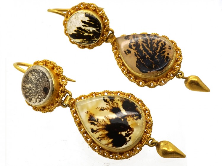 Georgian 18ct Gold Fern Agate Drop Earrings