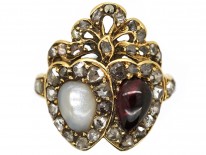 Victorian 18ct Gold Natural Pearl & Garnet Double Heart Ring
