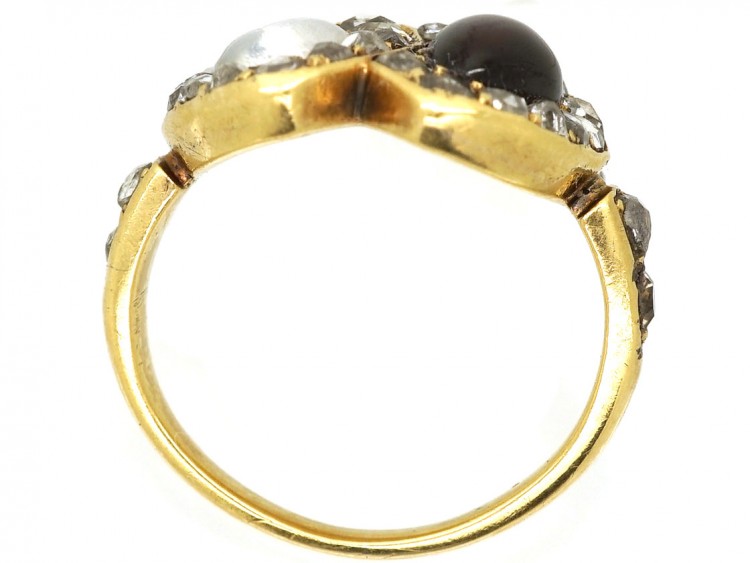 Victorian 18ct Gold Natural Pearl & Garnet Double Heart Ring