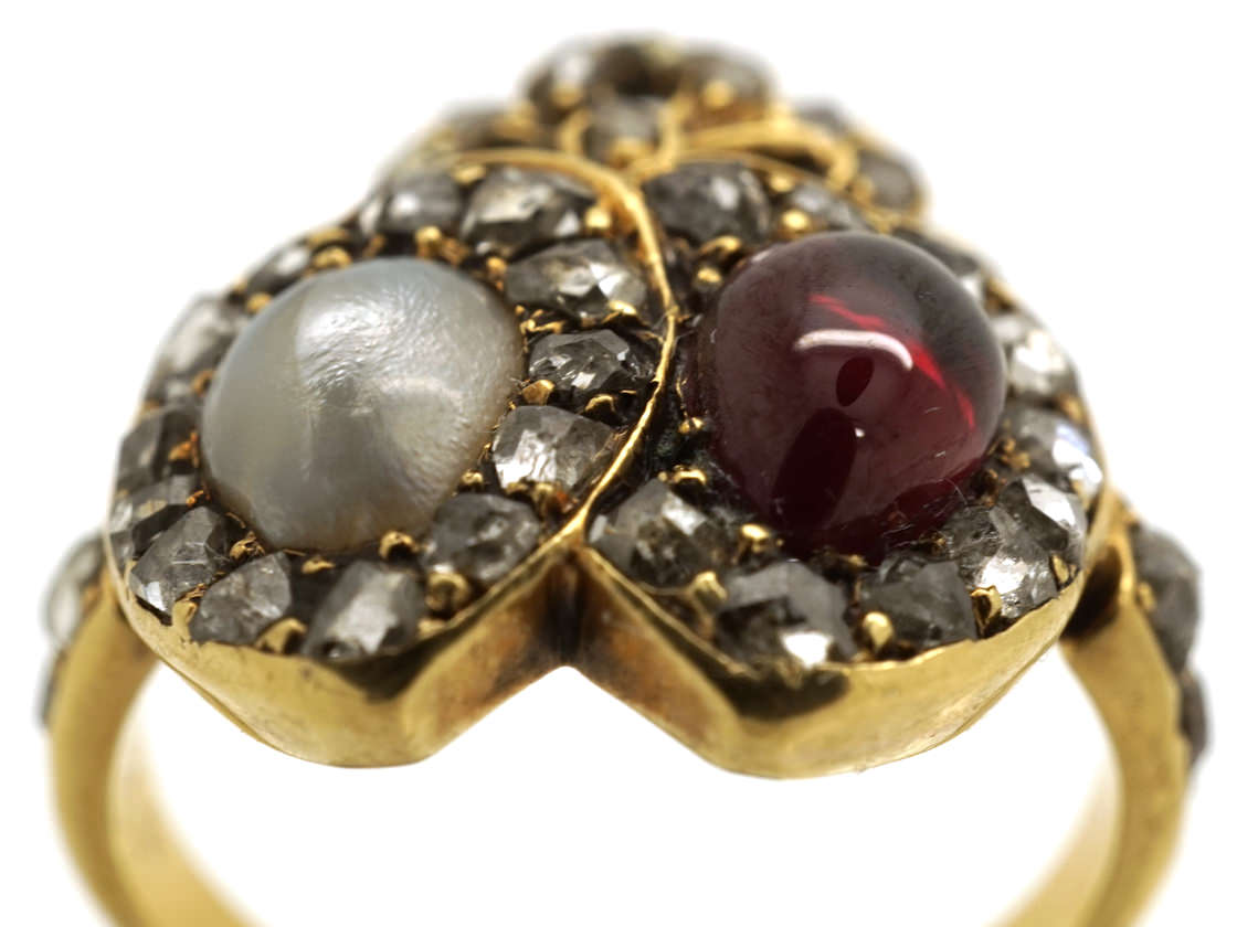 Victorian 18ct Gold Natural Pearl & Garnet Double Heart Ring (881E ...