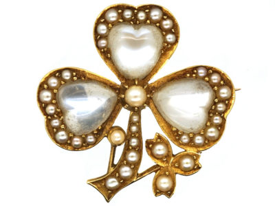 Edwardian 15ct Gold Three Leaf Clover Moonstone ​& Split Pearl Brooch