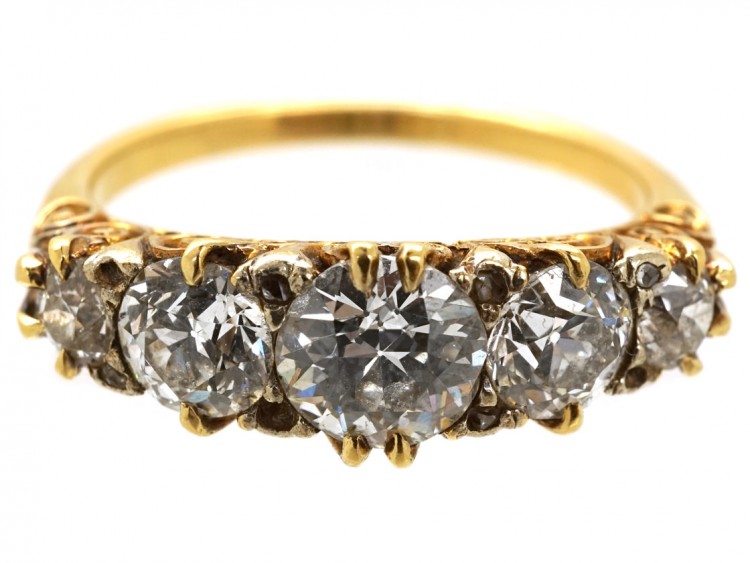 Victorian 18ct Gold Carved Half Hoop Five Stone Diamond Ring