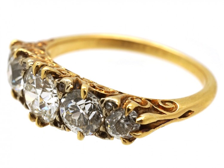 Victorian 18ct Gold Carved Half Hoop Five Stone Diamond Ring