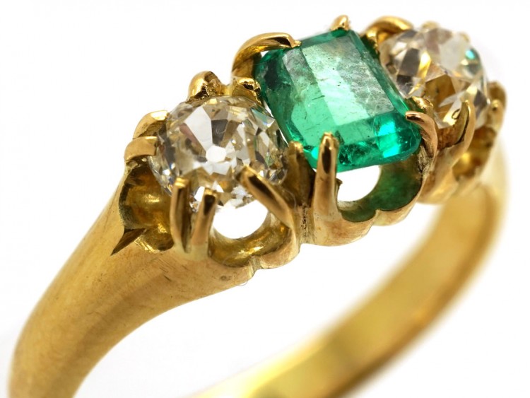 Victorian 18ct Gold, Emerald ​& Diamond Three Stone Ring