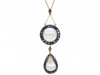 Art Deco Large 15ct Gold & Moonstone ​& Sapphire Pendant on 15ct Gold Chain