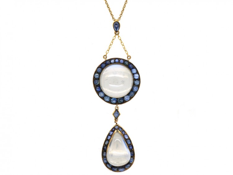 Art Deco Large 15ct Gold & Moonstone ​& Sapphire Pendant on 15ct Gold Chain