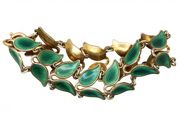 Silver Gilt Green Enamel Laurel Leaf Design Bracelet