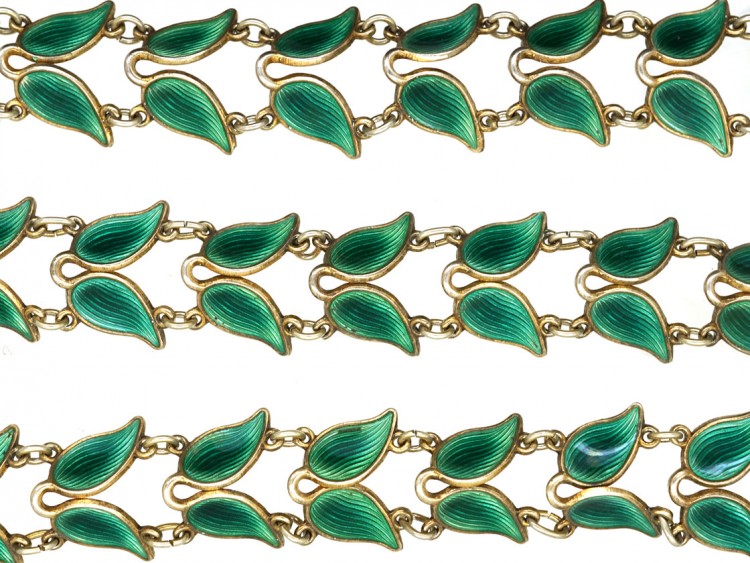 Silver Gilt Green Enamel Laurel Leaf Design Necklace