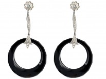 Art Deco Onyx ​& Diamond Platinum Drop Hoop Earrings
