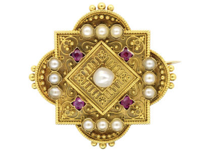 Victorian 18ct Gold Cannetille Work Brooch Set With Rubies & Natural Pearls