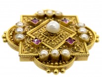 Victorian 18ct Gold Cannetille Work Brooch Set With Rubies & Natural Pearls