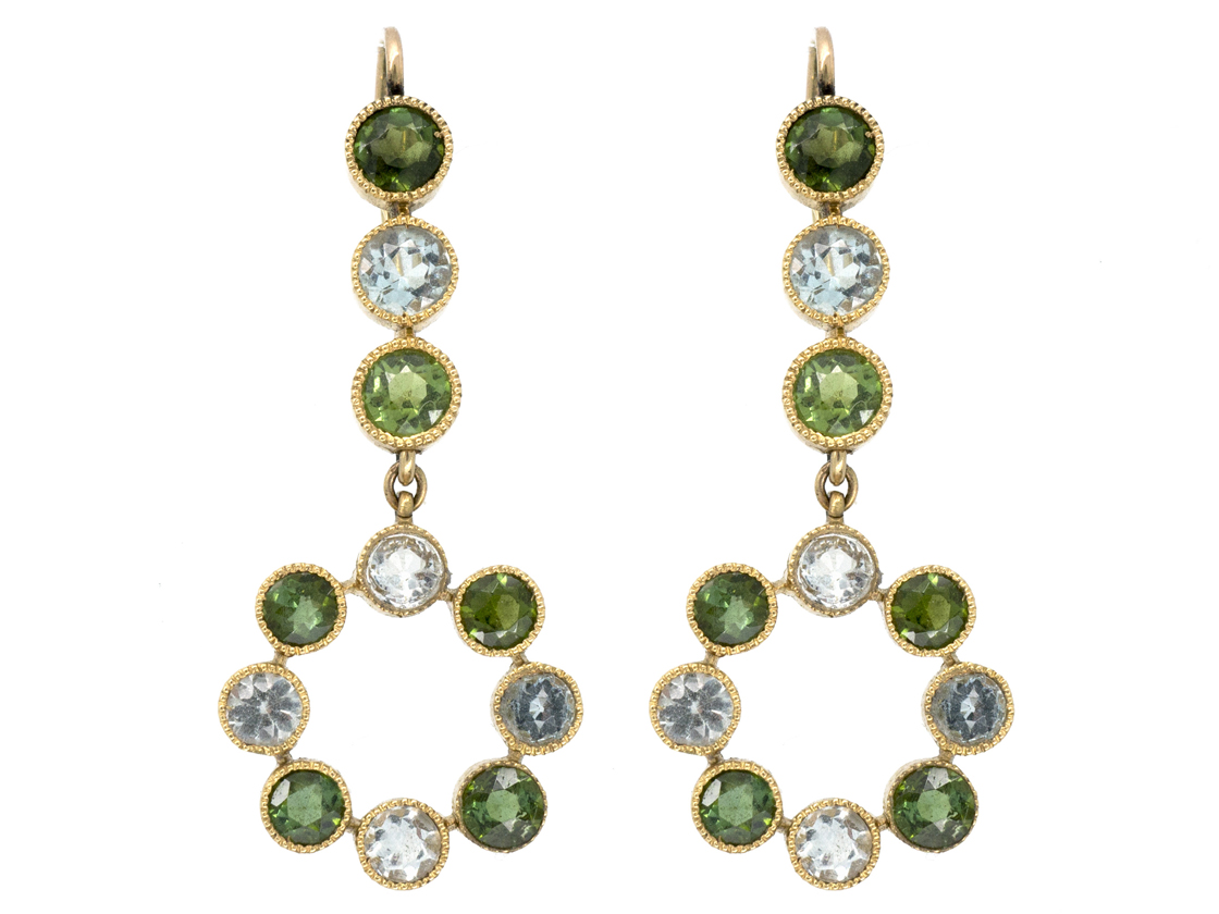 Edwardian 18ct Gold Peridot & Aquamarine Drop Earrings (164/J) | The ...