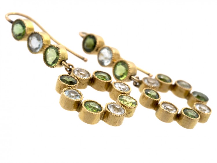 Edwardian 18ct Gold Peridot & Aquamarine Drop Earrings
