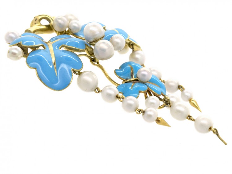 Victorian 18ct Gold, Turquoise Enamel & Pearls  Brooch