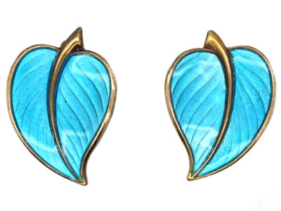 Silver Gilt ​& Blue Enamel Leaf Earrings by Hans Myhre
