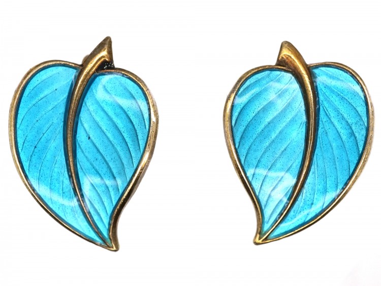 Silver Gilt ​& Blue Enamel Leaf Earrings by Hans Myhre