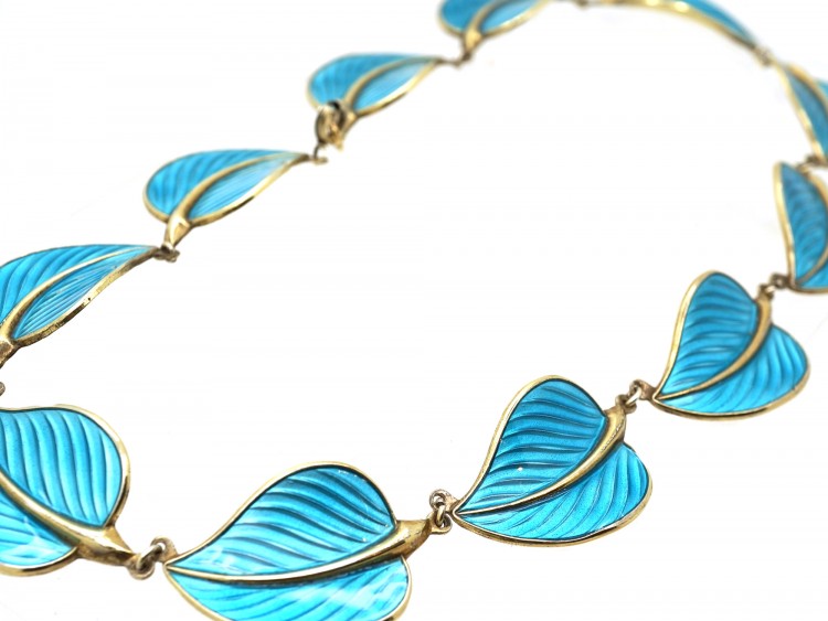 Silver Gilt ​& Blue Enamel Leaf Necklace by Hans Myhre