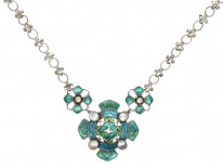 Silver, Blister Pearl & Enamel Art Nouveau Necklace Attributed to Liberty