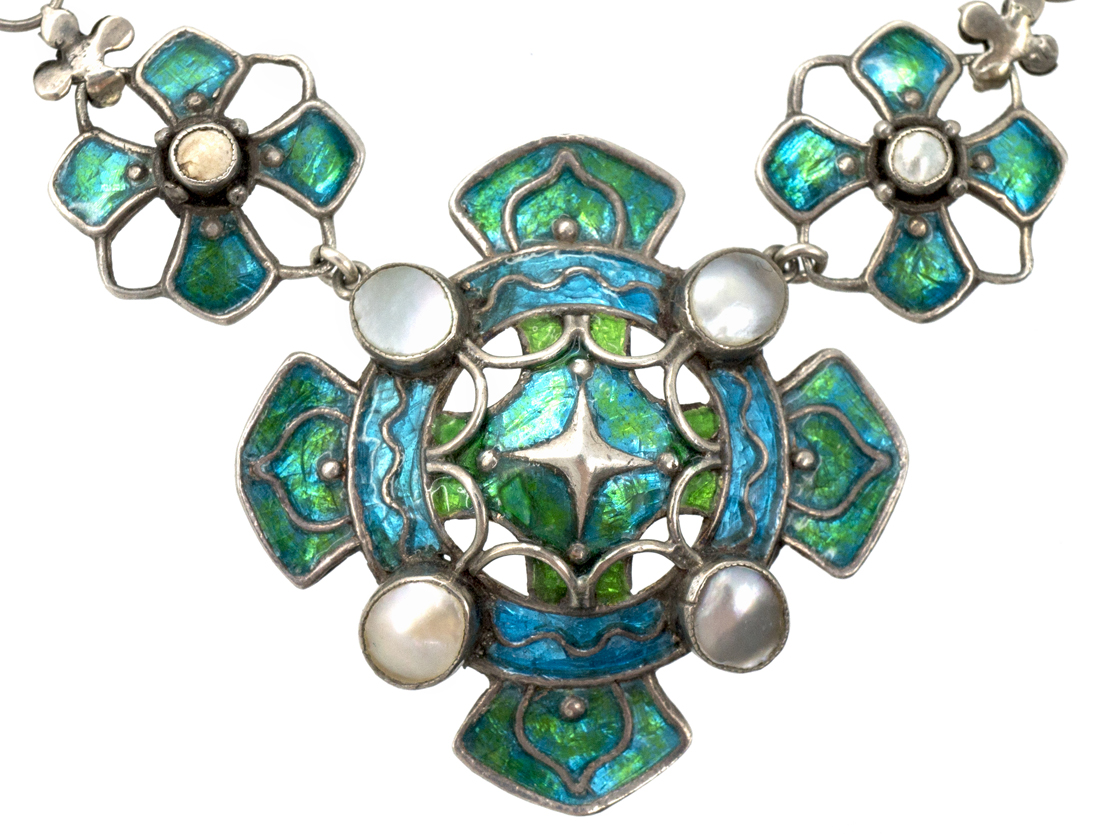 Silver, Blister Pearl & Enamel Art Nouveau Necklace Attributed to