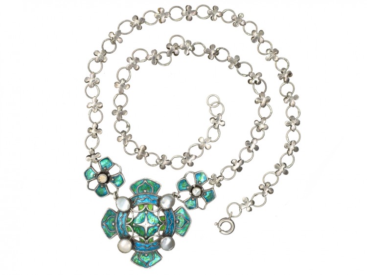 Silver, Blister Pearl & Enamel Art Nouveau Necklace Attributed to Liberty