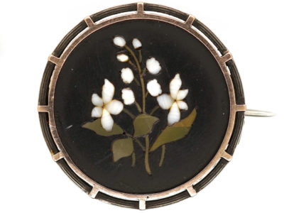 Victorian Pietra Dura Silver ​& Gold Round Brooch