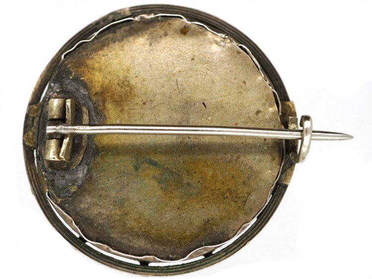 Victorian Pietra Dura Silver ​& Gold Round Brooch