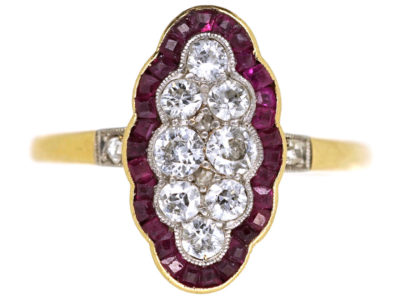 Art Deco 18ct Gold, Platinum, Ruby ​& Diamond Scallop Design Ring