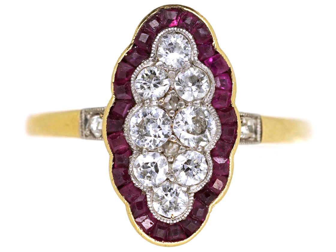 Art Deco 18ct Gold, Platinum, Ruby & Diamond Scallop Design Ring (519H