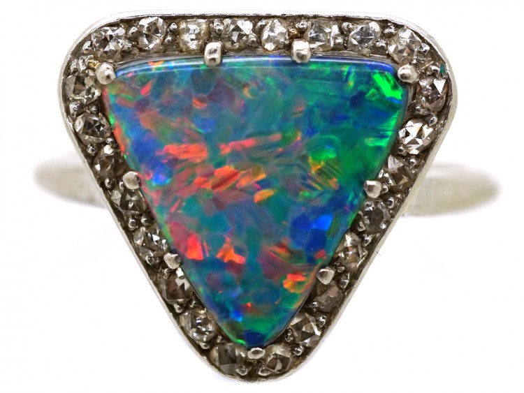 Art Deco Opal Doublet ​& Rose Diamond Triangular Shaped Ring