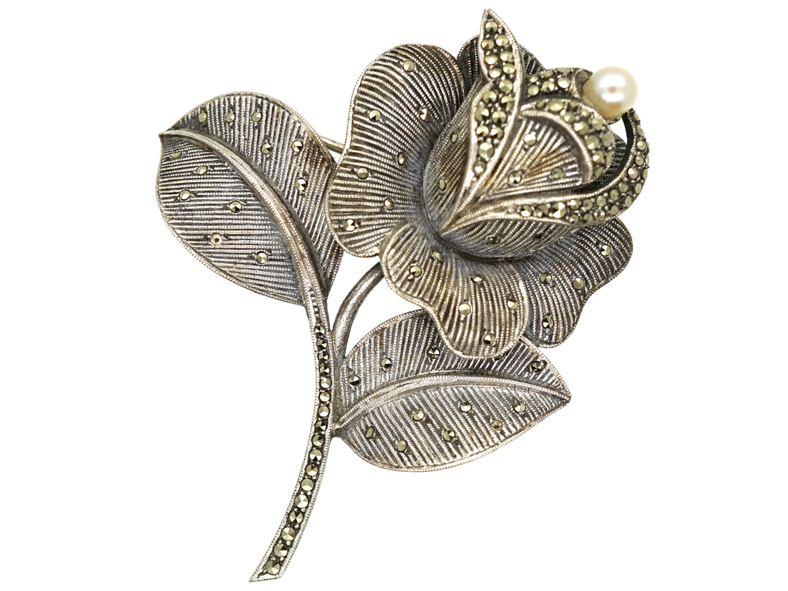 Theodor Fahrner Silver ​& Marcasite Rose Brooch (632L) | The