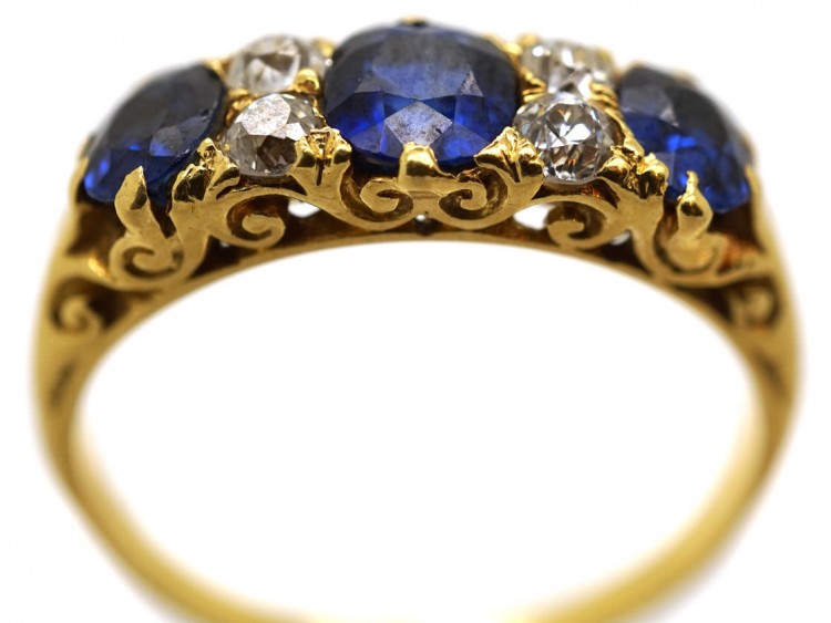 Victorian 18ct Carved Half Hoop Sapphire ​& Diamond Three Stone Ring