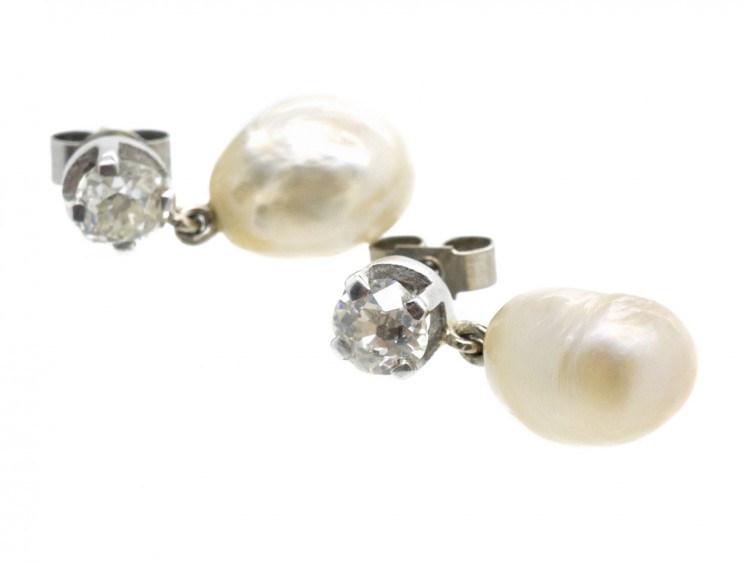 18ct White Gold, Natural Pearl ​& Diamond Earrings