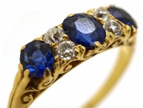 Victorian 18ct Carved Half Hoop Sapphire ​& Diamond Three Stone Ring