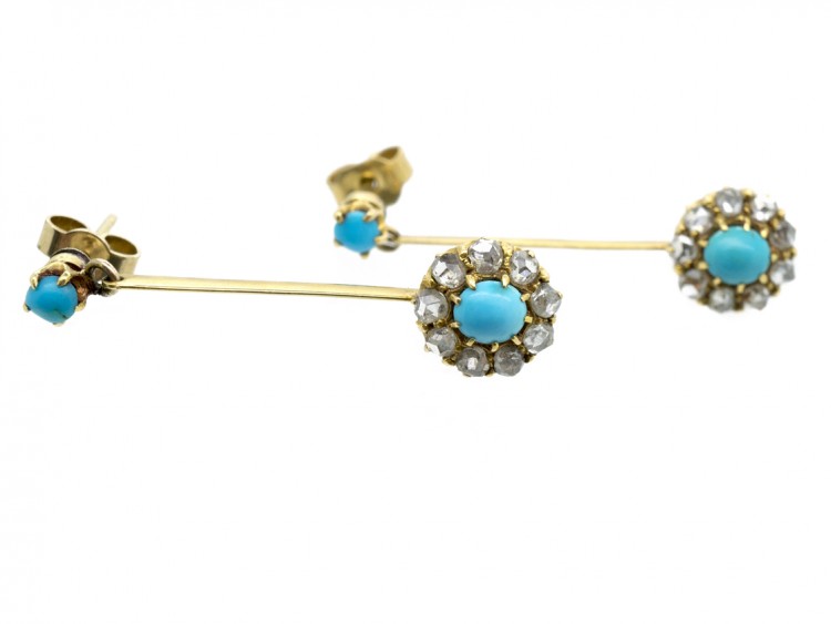 Edwardian 18ct Gold, Turquoise ​& Diamond Drop Cluster Earrings