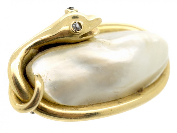 Victorian 15ct Gold Coiled Snake Brooch Set With a Blister Pearl