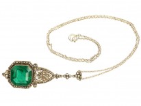 Art Deco Silver, Green Paste ​& Marcasite Pendant on Chain