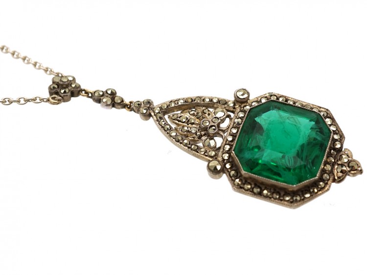 Art Deco Silver, Green Paste ​& Marcasite Pendant on Chain