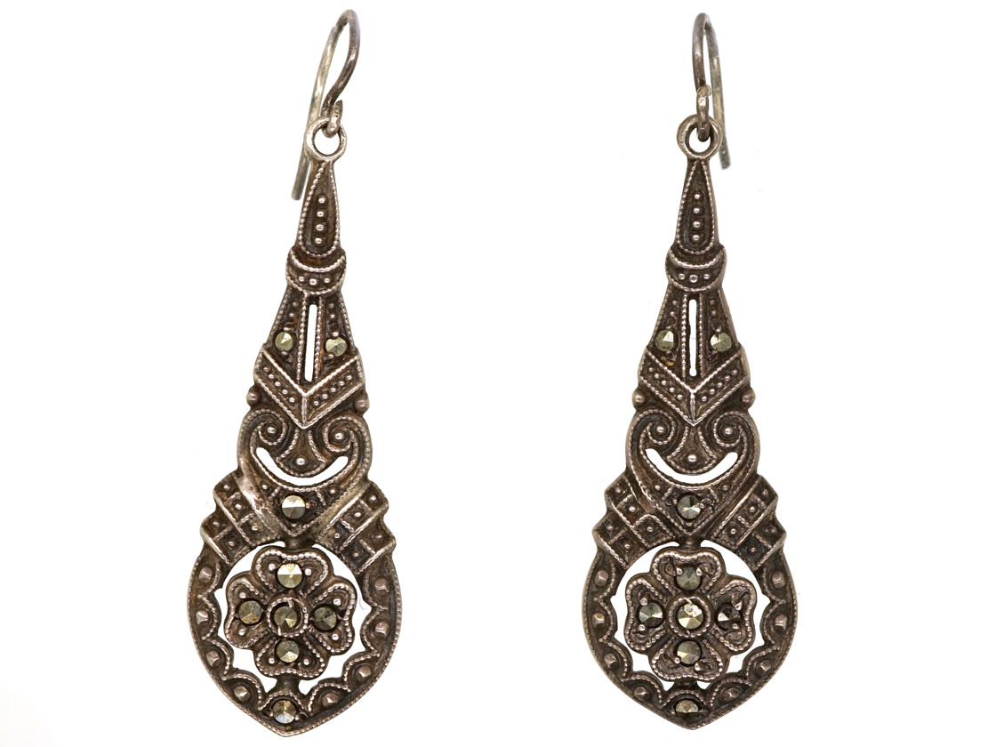 Art Deco Silver & Marcasite Drop Earrings (26C/OJ) | The Antique ...