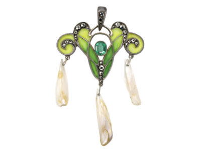 Art Nouveau Silver, Mississippi Pearl  ​& Marcasite Plique-à-Jour Pendant