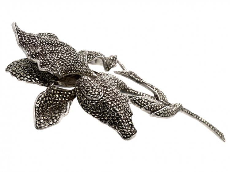 Large Mid-Century Silver ​& Marcasite Orchid Brooch