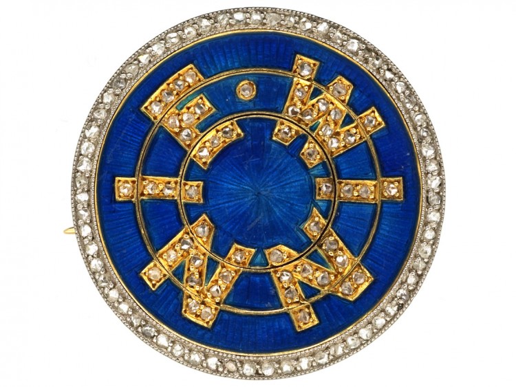 Edwardian 18ct Gold, Blue Enamel & Diamonds Winnie Brooch